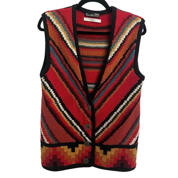 Vintage Harold's Sweater Vest Womens M Red Aztec Hand Knit Chunky Southwestern - Picture 1 of 9